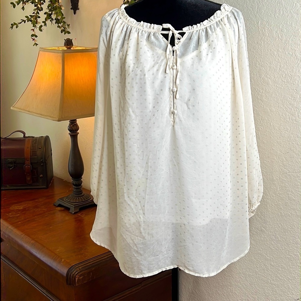 Liz Claiborne | Cream Chiffon Silver Polka Dot Tunic Top with Cami | Size 1X - Picture 1 of 11
